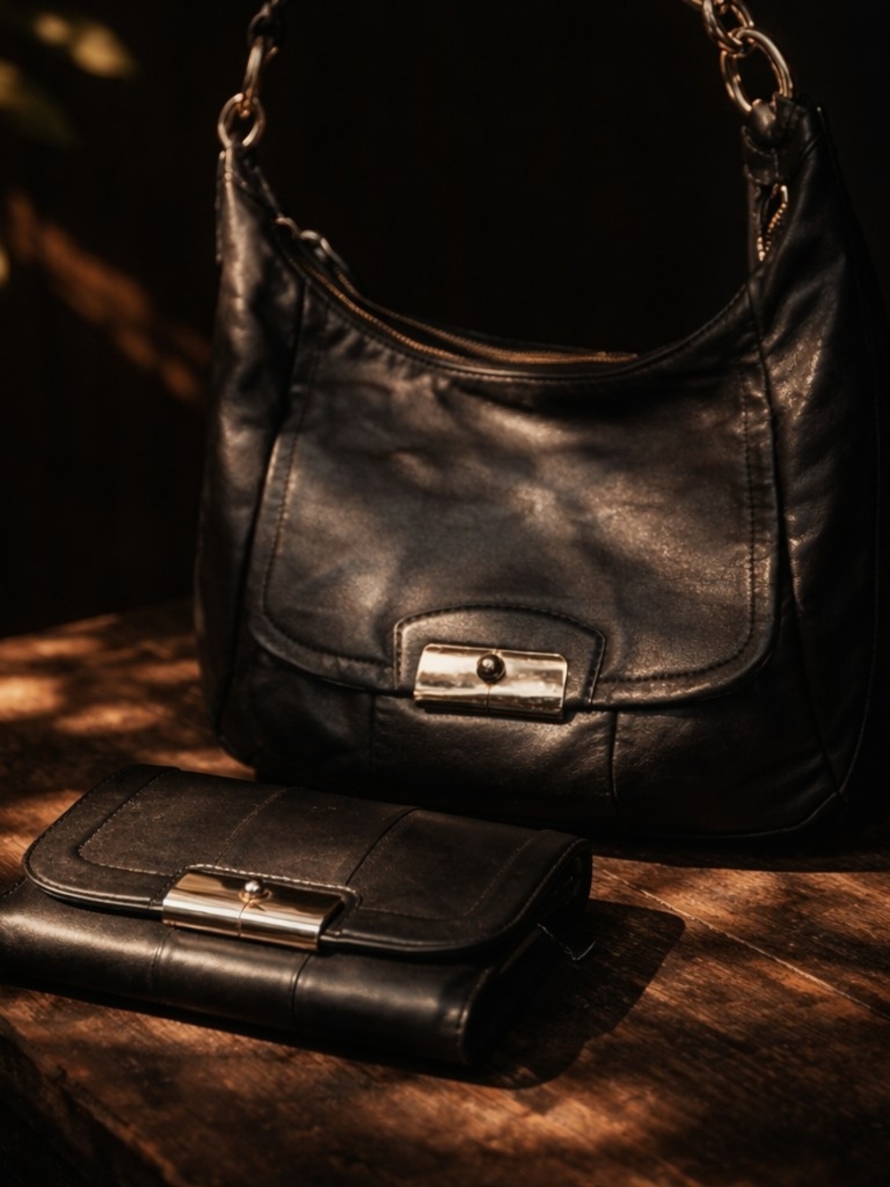 Coach Black Leather Shoulder Bag with Matching Wallet